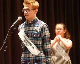      ROBERT K. YOSAY  | THE VINDICATOR..Jackson Milton Middle School Ryan Staton.. spells the 'championship' word a- Nina C Dill is in the backround..THE VINDICATOR 83rd Regional Spelling Bee  at YSU Kilcawley Room...--30-...