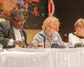      ROBERT K. YOSAY  | THE VINDICATOR..Checking a word  Judges Rev Lewis Macklin and Carol Ryan and Mary Kay Earnhart ..THE VINDICATOR 83rd Regional Spelling Bee  at YSU Kilcawley Room...--30-...