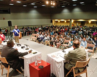      ROBERT K. YOSAY  | THE VINDICATOR..The Bee is underway......Judges and word pronouncer in foreground ..THE VINDICATOR 83rd Regional Spelling Bee  at YSU Kilcawley Room...--30-...