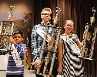      ROBERT K. YOSAY  | THE VINDICATOR..Third place winner AKiva Academy  Devesh Mohapatra - Ryan Staton from Jackson Miltmon Middle School and Nina c Dill form Montessori School...THE VINDICATOR 83rd Regional Spelling Bee  at YSU Kilcawley Room...--30-...