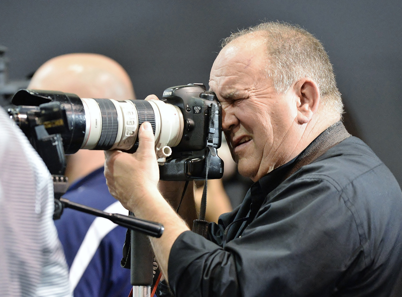 Jeff Lange | The Vindicator  SAT, MAR 12, 2016 - The hardest working photojournalist in the Mahoning Valley, Bob Yosay, probably capturing a Pulitzer Prize winning photograph during the Clinton Rally in Youngstown.
