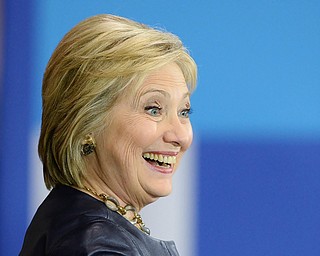 Jeff Lange | The Vindicator  SAT, MAR 12, 2016 - Democratic presidential candidate Hillary Clinton grins during her campaign rally in Youngstown Saturday night.