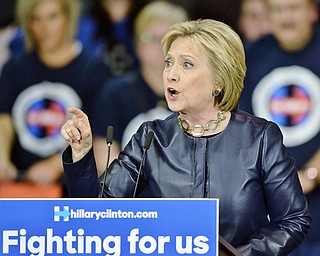 Jeff Lange | The Vindicator  SAT, MAR 12, 2016 - Democratic presidential candidate Hillary Clinton speaks during her campaign rally in Youngstown Saturday night.