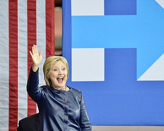 Jeff Lange | The Vindicator  SAT, MAR 12, 2016 - Democratic presidential candidate Hillary Clinton gives a look of excitement as she waves to her supporters during her campaign rally in Youngstown Saturday night.