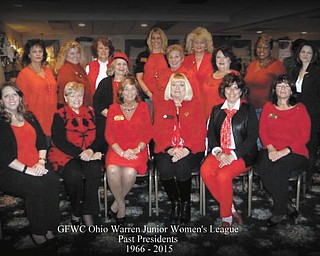 SPECIAL TO THE VINDICATOR | Past presidents of the Ohio Warren WJWL club since 1966 were honored during the club’s February meeting at the Victorian Room, Niles. GFWC Ohio northeast district president Esther Gartland thanked the past presidents for their leadership of all club members. WJWL membership chairman Becky Bucco presented each of the presidents with a red rose, the club’s flower, and a lighted candle. Club presidents attending the event were Fran Cunningham, Dee Scerba, Sandra Saluga, E. Carol Maxwell, Bev March, Julie Vugrinovich, Jennifer Wyndham, Gartland, Melissa Reed, Stephanie Furano, Stephanie Canzonetta, Peggy Boyd, Esther Buschau, Mary Lou Jarrett, Dorothy Sideropolis, Karen Margala, Melanie Cann and Renee Maiorca. More information on the GFWC can be found on Facebook or on their website, www.wjwl.org.