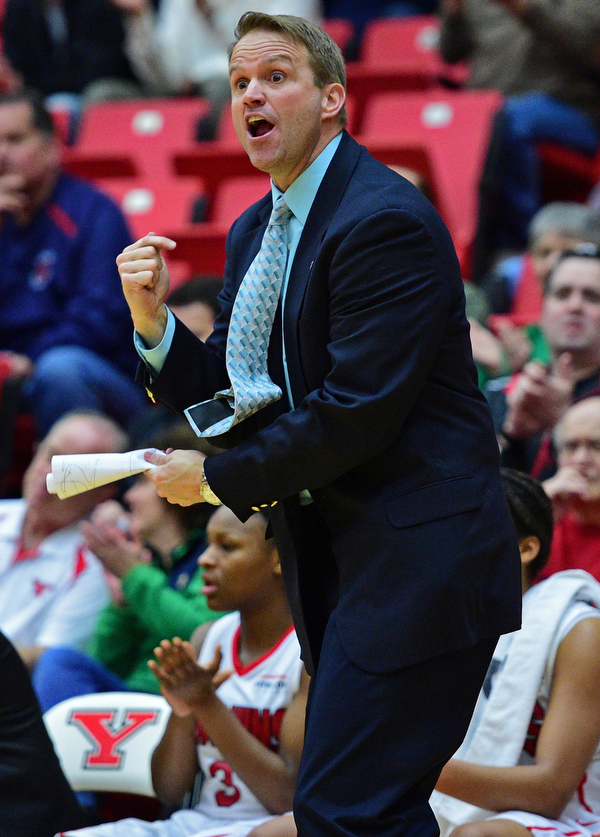YOUNGSTOWN, OHIO - MARCH 16, 2016: Head coach John Barnes of YSU pleads his case on the sideline for a foul call during their 2nd half of their game Wednesday night at Beeghly Center. DAVID DERMER | THE VINDICATOR