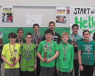 SPECIAL TO THE VINDICATOR | A Math 24 competition for Mahoning County students was recently hosted at Campbell Elementary School, and students from Poland McKinley Elementary and Poland Middle School participated. The math game displays four numbers that players must add, subtract, multiply and divide to equal 24. Eleven of the Poland students placed in the top 16 for their grades, and five of these students placed in the top four. Displaying some of their prizes were, in front from left, Hamza Khan, Derek Thomas, George Marantis, Antonio D’Alesio, Joey Iberis and Julia Ranno; and back row, Ashlin Rabindra, Ethan McKenzie, Tyler Berry, Phillip Hockensmith, Carmen D’Alesio and Angelo Ella.