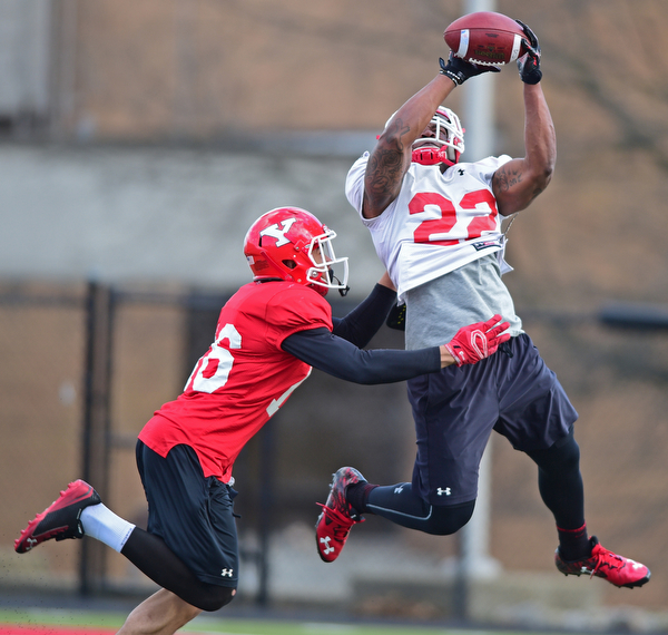 YOUNGSTOWN, OHIO - MARCH 18, 2016: Will Mahone (white) catches a pass after getting behind Jalyn Powell (red) during a 7 on 7 passing drill during the teams practice Friday afternoon at Stambaugh Stadium. DAVID DERMER | THE VINDICATOR