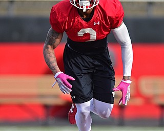 YOUNGSTOWN, OHIO - MARCH 18, 2016: LeRoy Alexander #3 of YSU runs across the field in coverage during a 7 on 7 passing drill during the teams practice Friday afternoon at Stambaugh Stadium. DAVID DERMER | THE VINDICATOR