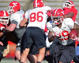 YOUNGSTOWN, OHIO - MARCH 18, 2016: Martin Ruiz (white) runs the football around the corner during team drills during the teams practice Friday afternoon at Stambaugh Stadium. DAVID DERMER | THE VINDICATOR