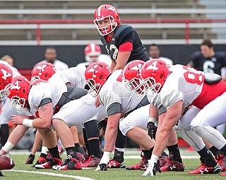 YOUNGSTOWN, OHIO - MARCH 23, 2016: Ricky Davis #12 of YSU examines the defense while calling the cadence before the snap of the football during the teams practice Wednesday afternoon at Stambaugh Stadium. DAVID DERMER | THE VINDICATOR