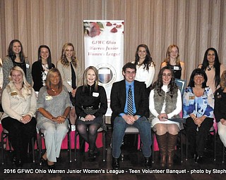 SPECIAL TO THE VINDICATOR
GFWC Ohio Warren Junior Women’s League recognized 10 Trumbull Country teens for their time, service and dedication to volunteer work in the community during the league’s 46th Annual WJWL Teen Volunteer Awards Banquet. Judges Renee Maiorca, Tony Perrone and Kara Stanford read over 30 submissions from area students who applied for the scholarships. The contestants are high school seniors nominated by school counselors, teachers and community service volunteer directors and leaders. The top 10 teens received a $25 check and gift bag from the Eastwood Mall. Ellie Martin of Howland High School earned the top teen volunteer award and $500; Nash D.C. Timko of Joseph Badger High School won second place, and Mackenzie Jankovich of Lakeview High School won third place; both earned $200. Those attending the banquet included, seated from left, chairman Megan Marino, president Mary Lou Jarrett, Martin, Timko, Jankovich, Maiorca and co-chairman Karen Margala; and standing, Samantha Lashle of Niles McKinley High School, Alexis James of Howland, Emily Capone of Hubbard High School, Sara Baugher of Chalker High School, Brianna Ledsome of Niles, and Jacquelyn Smith and Sabrina Solis, both of Lakeview.