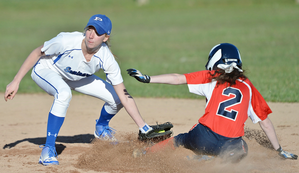 Jeff Lange | The Vindicator  TUE, MAR 29, 2016 - Poland Seminary shortstop Kat Wilson tags out Austintown baserunner Kaitlyn Sciorinto late in Tuesday's game in Poland.