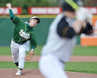 Jeff Lange | The Vindicator  WED, MAR 30, 2016 - Ursuline Irish winning pitcher Vito Petrillo delivers a pitch to a Crestview batter in the first inning of their game at Bob Cene Park in Struthers Wednesday afternoon. Petrillo allowed one hit during Ursuline's 2-0 victory.