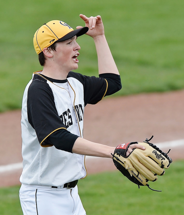Jeff Lange | The Vindicator  WED, MAR 30, 2016 - Crestview pitcher Dylan Dickey celebrates after an out at home plate in the second inning of Crestview's game against Ursuline at Bob Cene Park in Struthers Wednesday afternoon.