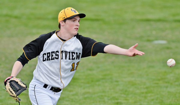 Jeff Lange | The Vindicator  WED, MAR 30, 2016 - Crestview's pitcher Dylan Dickey makes a toss to first to put out an Ursuline batter during Wednesday's game at Bob Cene Park in Struthers.