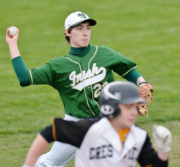 Jeff Lange | The Vindicator  WED, MAR 30, 2016 - Ursuline winning pitcher Vito Petrillo (top) looks to make a throw to first to put out a Crestview batter in the fourth inning of their game at Bob Cene Park in Struthers Wednesday afternoon.