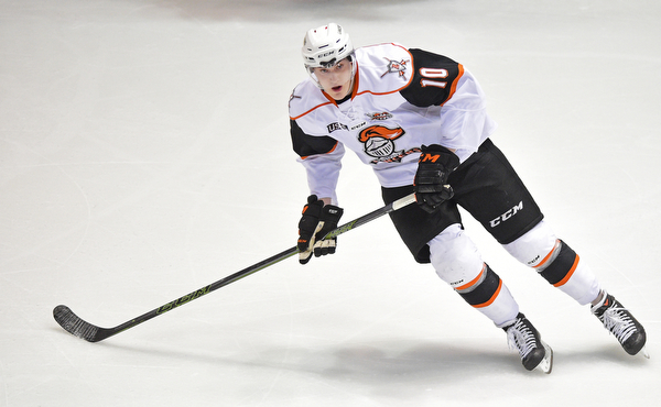YOUNGSTOWN, OHIO - APRIL 1, 2016: Austin Lemieux #10 of the Omaha Lancer skies on the ice during his shift during the 1st period of Friday nights game at the Covelli Centre. DAVID DERMER | THE VINDICATOR