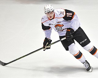 YOUNGSTOWN, OHIO - APRIL 1, 2016: Austin Lemieux #10 of the Omaha Lancer skies on the ice during his shift during the 1st period of Friday nights game at the Covelli Centre. DAVID DERMER | THE VINDICATOR