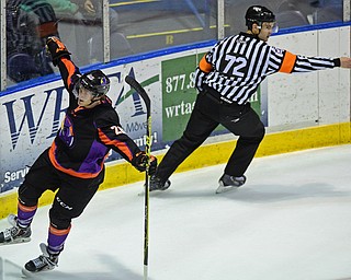 YOUNGSTOWN, OHIO - APRIL 1, 2016: Cameron Morrison #26 of the Phantoms celebrates after scoring the 1st goal of the game during the 1st period of Friday nights game at the Corelli Centre. DAVID DERMER | THE VINDICATOR