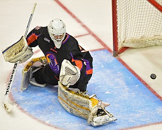 YOUNGSTOWN, OHIO - APRIL 1, 2016: Goalie Ryan Bednard #35 of the Phantoms is slow to react allowing a Omaha goal during the 3rd period of Friday nights game at the Corelli Centre. DAVID DERMER | THE VINDICATOR