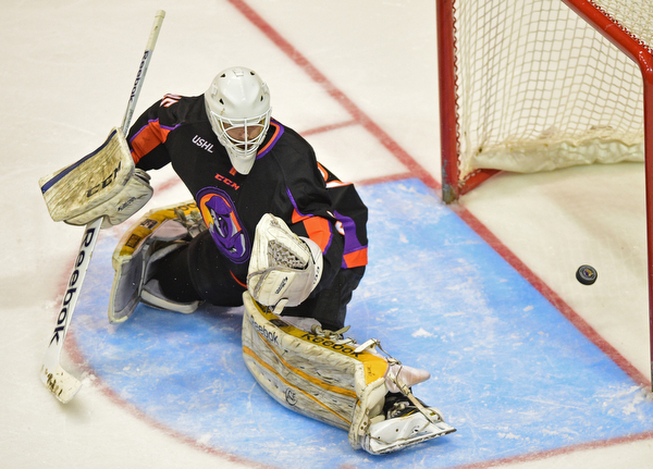 YOUNGSTOWN, OHIO - APRIL 1, 2016: Goalie Ryan Bednard #35 of the Phantoms is slow to react allowing a Omaha goal during the 3rd period of Friday nights game at the Covelli Centre. DAVID DERMER | THE VINDICATOR
