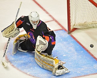YOUNGSTOWN, OHIO - APRIL 1, 2016: Goalie Ryan Bednard #35 of the Phantoms is slow to react allowing a Omaha goal during the 3rd period of Friday nights game at the Covelli Centre. DAVID DERMER | THE VINDICATOR