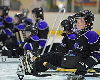 BOARDMAN, OHIO - APRIL 2, 2016: Ryan Zolnier #20 of the Youngstown Boom waits to be introduced before a Adaptive Sled Ice Hockey charity game against the Youngstown Phantoms Bantam A Team Saturday afternoon at the Ice Zone. DAVID DERMER | THE VINDICATOR