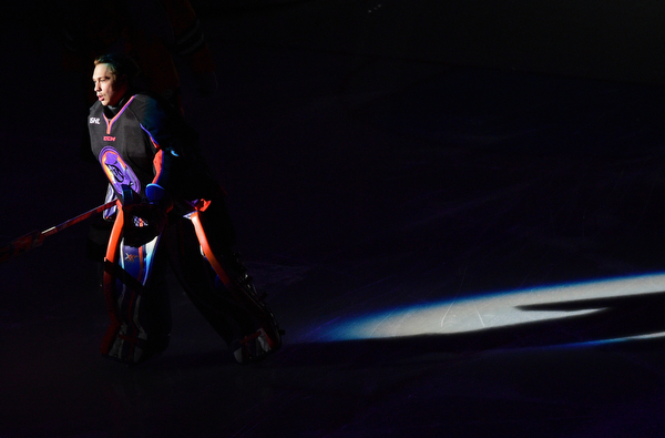 YOUNGSTOWN, OHIO - APRIL 2, 2016: Colin DeAugustine of the Phantoms is introduced before Saturday nights game at the Corelli Centre. DAVID DERMER | THE VINDICATOR