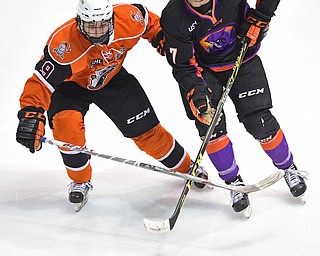 YOUNGSTOWN, OHIO - APRIL 2, 2016: Eric Esposito #7 of the Phantoms moves the puck up ice while being pressured by Patrick Harper #9 of the Lancers during the 1st period of Saturday nights game at the Corelli Centre. DAVID DERMER | THE VINDICATOR