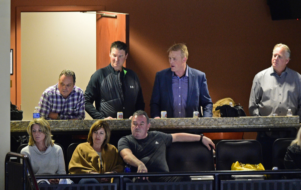 YOUNGSTOWN, OHIO - APRIL 2, 2016: Mario Lemieux watches the action in a suite with Phantoms Co-Owner Troy Loney during a game between the Omaha Lancers and Youngstown Phantoms Saturday night game at Corelli Centre. DAVID DERMER | THE VINDICATOR
