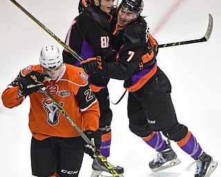YOUNGSTOWN, OHIO - APRIL 2, 2016: Eric Esposito #7 of the Phantoms is congratulated by teammate Garrett Hall #81 after scoring the 1st goal of the game during the 1st period of Saturday nights game at the Corelli Centre. DAVID DERMER | THE VINDICATOR..Jake Massie #27 of the Lancers pictured.