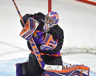 YOUNGSTOWN, OHIO - APRIL 2, 2016: Goalie Colin DeAugustine #31 of the Phantoms deflects a shot denying the goal during the 2nd period of Saturday nights game at the Corelli Centre. DAVID DERMER | THE VINDICATOR.