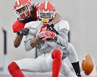 Jeff Lange | The Vindicator  SAT, APRIL 2, 2016 - Youngstown cornerback Solomon Warfield (rear) breaks up a pass intended for wide receiver I'tavious Harvin during Saturday's football practice at the Watson and Tressel Training Site in Youngstown.