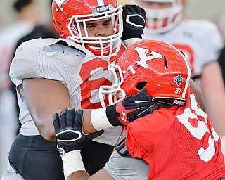 Jeff Lange | The Vindicator  SAT, APRIL 2, 2016 - YSU offensive lineman Jason Sims (facing) holds back defensive tackle Rickey Hagood II during practice in Youngstown Saturday morning.