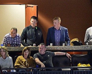 YOUNGSTOWN, OHIO - APRIL 2, 2016: Mario Lemieux watches the action in a suite with Phantoms Co-Owner Troy Loney during a game between the Omaha Lancers and Youngstown Phantoms Saturday night game at  Covelli Centre DAVID DERMER | THE VINDICATOR