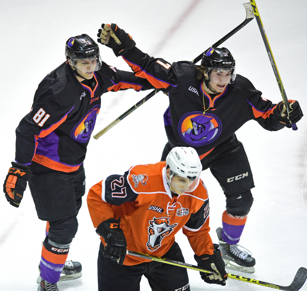 YOUNGSTOWN, OHIO - APRIL 2, 2016: Eric Esposito #7 of the Phantoms is congratulated by teammate Garrett Hall #81 after scoring the 1st goal of the game during the 1st period of Saturday nights game at the  Covelli Centre. DAVID DERMER | THE VINDICATOR..Jake Massie #27 of the Lancers pictured.