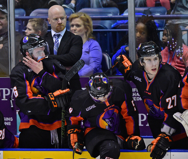 YOUNGSTOWN, OHIO - APRIL 2, 2016: Assistant coach Brad Patterson of the Phantoms watches the action from the bench during the 2nd period of Saturday nights game at the  Covelli Centre. DAVID DERMER | THE VINDICATOR.