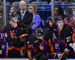 YOUNGSTOWN, OHIO - APRIL 2, 2016: Assistant coach Brad Patterson of the Phantoms watches the action from the bench during the 2nd period of Saturday nights game at the  Covelli Centre. DAVID DERMER | THE VINDICATOR.