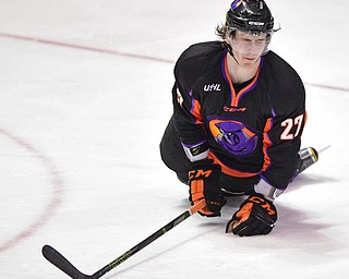 YOUNGSTOWN, OHIO - APRIL 2, 2016: Kris Myllari #27 of the Phantoms dives to the ice to deflect a puck during the 3rd period of Saturday nights game at the Covelli Centre. DAVID DERMER | THE VINDICATOR