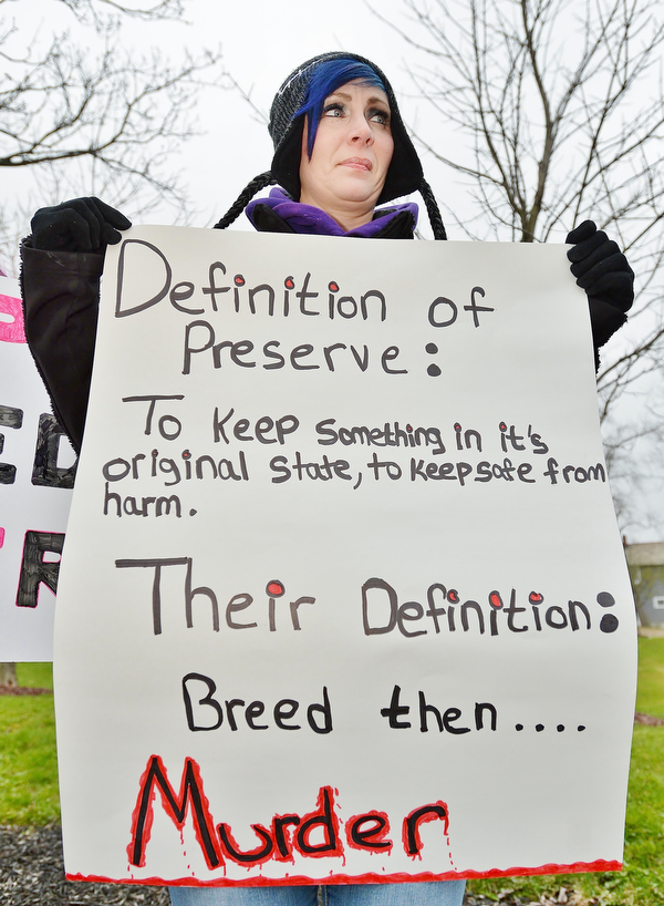 Jeff Lange | The Vindicator  MON, APRIL 4, 2016 - Erin Yale of Niles holds a sign during a protest against the opening of Candywood Whitetail Ranch Monday evening in Vienna.