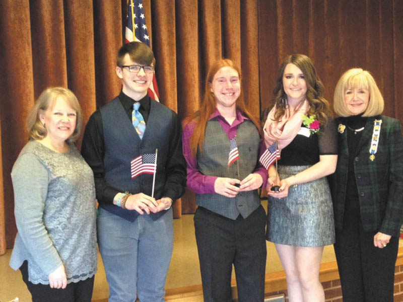 SPECIAL TO THE VINDICATOR | From left are, Bonnie Hood, Good Citizens chairman of the Mary Chesney Chapter of National Society of Daughters of the American Revolution; Daniel Bancroft; Hayden Coxson; Jaclyn Rowley; and Patricia Brandes, DAR regent. The society recently hosted a luncheon at St. Paul’s Lutheran Church in Warren and awarded scholarships. Bancroft earned first place and attends Badger High School. His parents are Virginia and David Bancroft. Second place went to Coxson who attends Hubbard High School and is the son of Kimberly and David Coxson. Rowley received third place and attends Niles McKinley High School. She is the daughter of Barb Rowley. Other students recognized as Good Citizens based on the qualities of dependability, leadership, service and patriotism were: Sara Baugher, Chalker High School; Nathan Hendryx, LaBrae High School; Ashly Lamosek, Bristol High School; Julia D’Amico, Lordstown High School; and Jordyn Patterson, Maplewood High School.