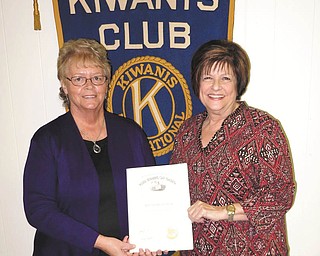 SPECIAL TO THE VINDICATOR | Above, from left, are Barb Kliner, District 26 Lieutenant Governor representing Austintown Kiwanis Club, and Kathy Rusback, president of Austintown Junior Women’s League. During the March meeting of Austintown Kiwanis, Rusback was the guest speaker and was presented with a certificate for her nomination for the 2016 ServeOhio Award. The certificate recognizes Rusback for her volunteer service to the citizens of Ohio.