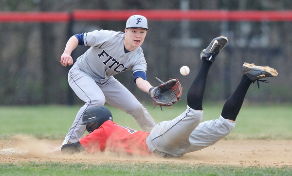 Jeff Lange | The Vindicator  WED, APRIL 6, 2016 - Fitch second baseman Kole Klasic looks to catch a throw from home as Canfield baserunner Alex Thompson dives safely into the bag in the first inning of Wednesday's game in Canfield.