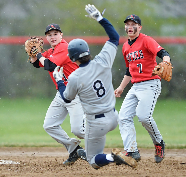 Jeff Lange | The Vindicator  WED, APRIL 6, 2016 - Canfield's Mark Wittmann (left) looks to first for a double play past Fitch runner Jared Kapturasky (8) as teammate Anthony Vross (7) looks on in the sixth inning of Wednesday's game in Canfield.