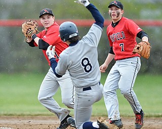 Jeff Lange | The Vindicator  WED, APRIL 6, 2016 - Canfield's Mark Wittmann (left) looks to first for a double play past Fitch runner Jared Kapturasky (8) as teammate Anthony Vross (7) looks on in the sixth inning of Wednesday's game in Canfield.