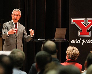   ROBERT K YOSAY | THE VINDICATOR..YSU Next-President Jim Tressel envisions a Youngstown State University connected both physically and synergistically to meet the needs of students and the community..ÒWeÕre at an important crossroads in the history of YSU,Ó Tressel said during a Tuesday presentation on campus.....--30-