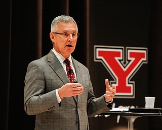   ROBERT K YOSAY | THE VINDICATOR..YSU Next-President Jim Tressel envisions a Youngstown State University connected both physically and synergistically to meet the needs of students and the community..ÒWeÕre at an important crossroads in the history of YSU,Ó Tressel said during a Tuesday presentation on campus.....--30-