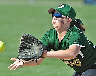 Jeff Lange | The Vindicator  WED, APRIL 20, 2016 - Ursuline second baseman McKenzie Shells looks to field a line drive in the second inning of Wednesday afternoon's game against Cardinal Mooney at Fields of Dreams Park in Boardman.