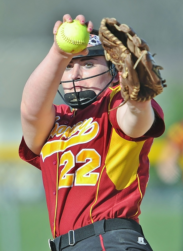 Jeff Lange | The Vindicator  WED, APRIL 20, 2016 - Mooney starting pitcher Kayla Rutherford delivers a pitch to a Ursuline batter in the fourth inning of Wednesday's game at Fields of Dream Park in Boardman.